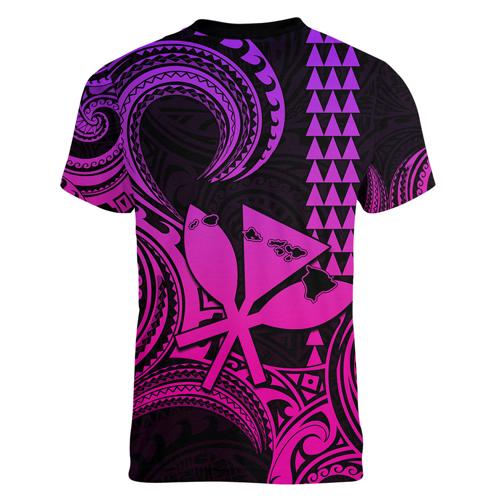 King Kamehameha Day Hawaii Women V Neck T Shirt Paradise of the Pacific Tribal Kakau with Kanaka Maoli - Pink Gradient LT9 - Polynesian Pride