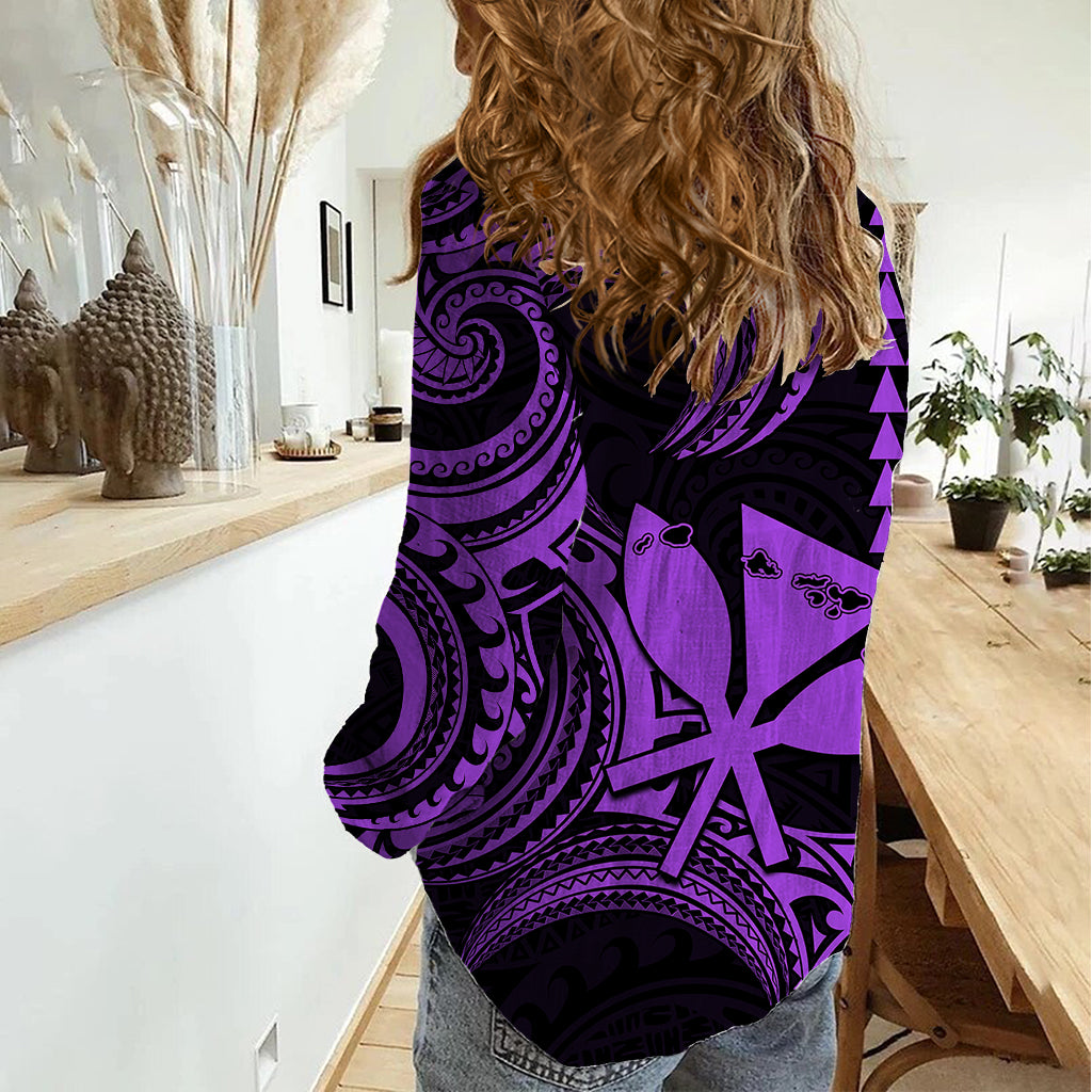 King Kamehameha Day Hawaii Women Casual Shirt Paradise of the Pacific Tribal Kakau with Kanaka Maoli - Purple LT9 - Polynesian Pride