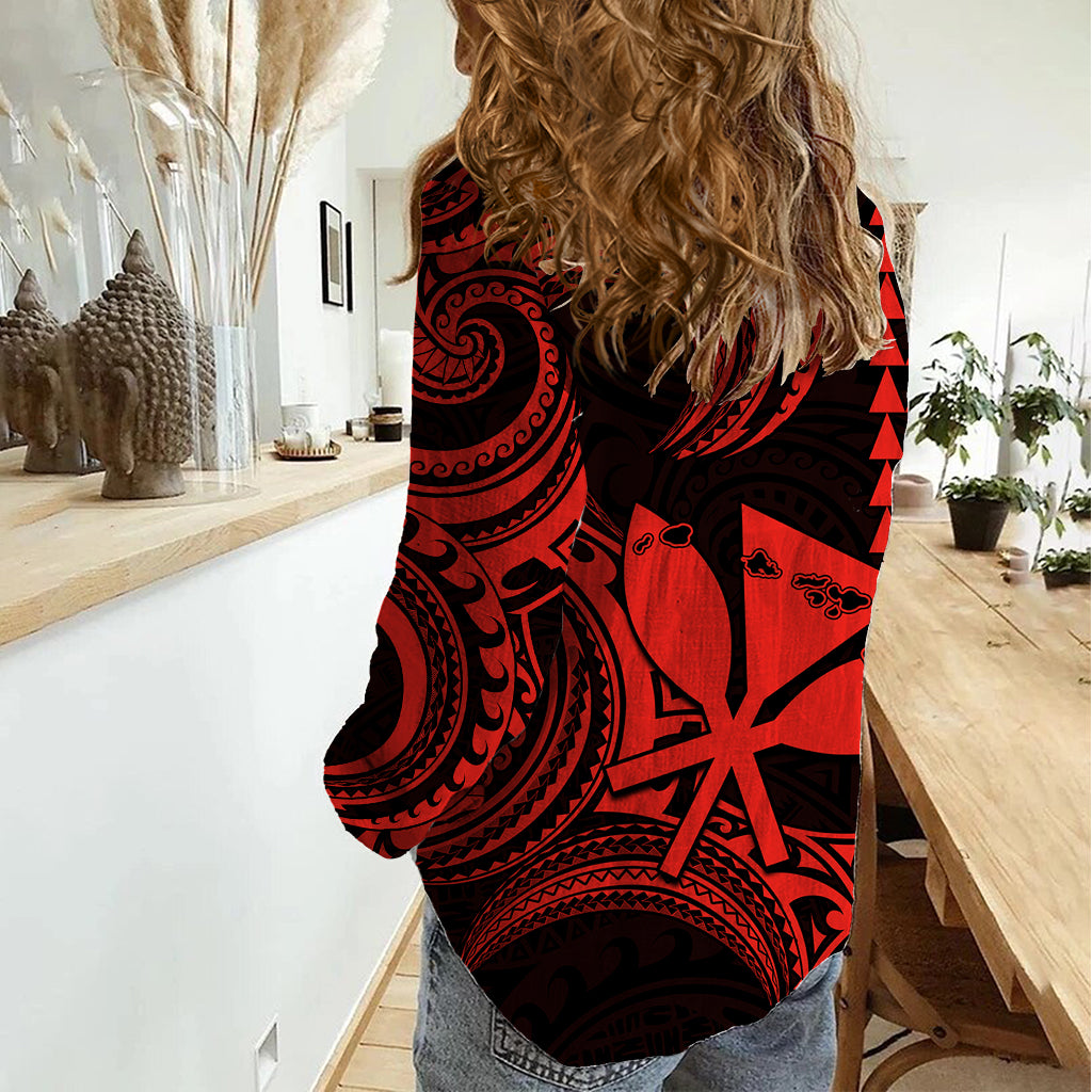 King Kamehameha Day Hawaii Women Casual Shirt Paradise of the Pacific Tribal Kakau with Kanaka Maoli - Red LT9 - Polynesian Pride