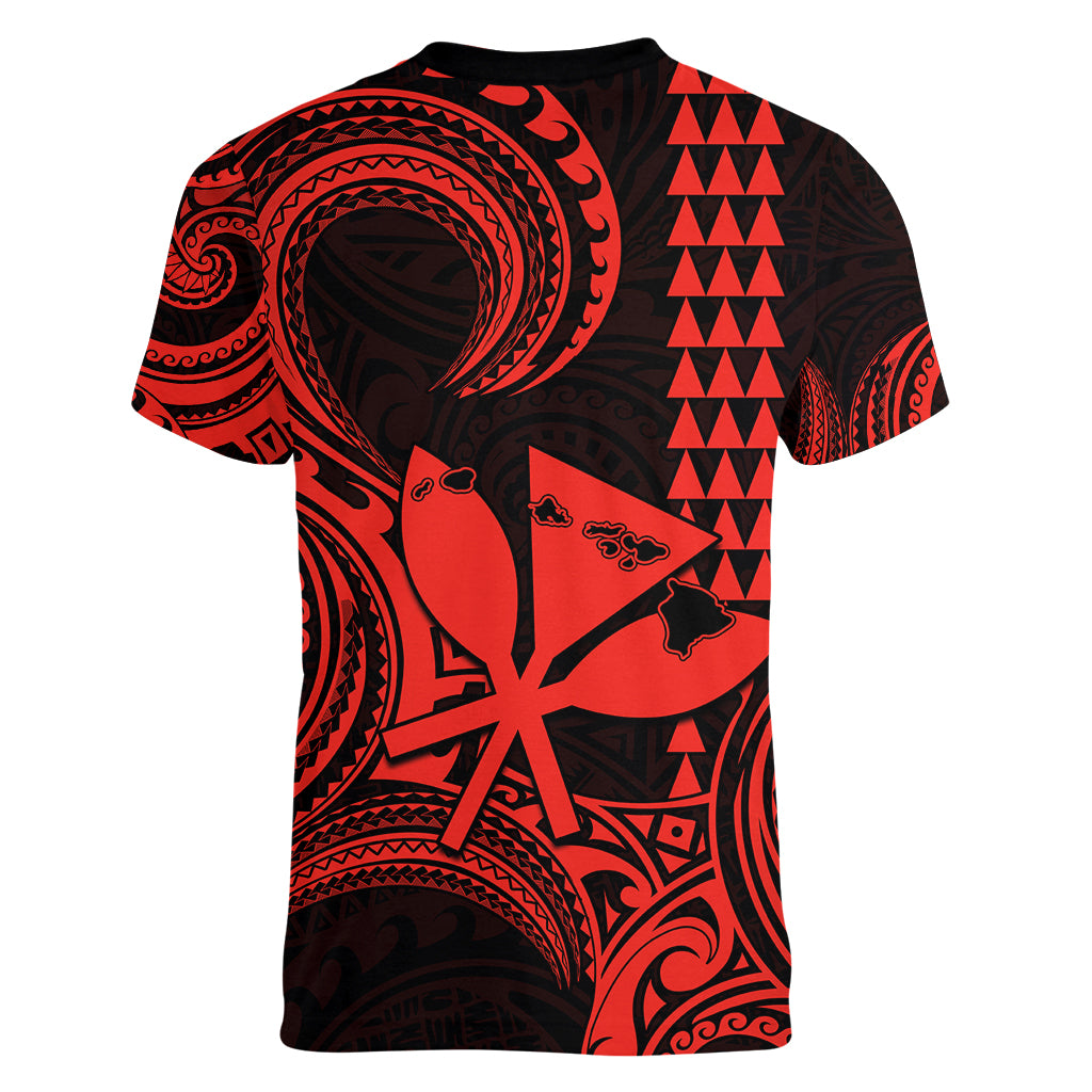 King Kamehameha Day Hawaii Women V Neck T Shirt Paradise of the Pacific Tribal Kakau with Kanaka Maoli - Red LT9 - Polynesian Pride