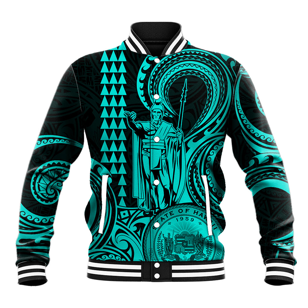 King Kamehameha Day Hawaii Baseball Jacket Paradise of the Pacific Tribal Kakau with Kanaka Maoli - Turquoise LT9 Unisex Turquoise - Polynesian Pride