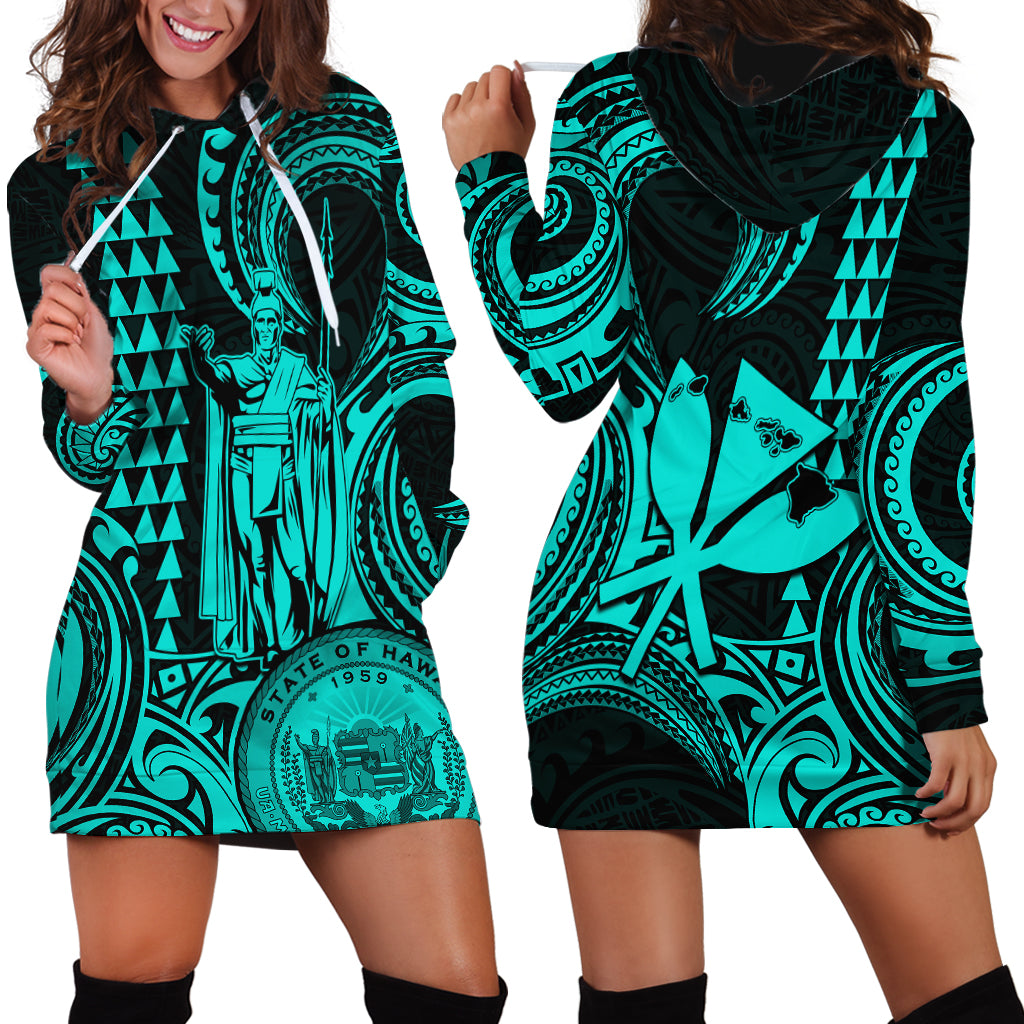 King Kamehameha Day Hawaii Hoodie Dress Paradise of the Pacific Tribal Kakau with Kanaka Maoli - Turquoise LT9 - Polynesian Pride