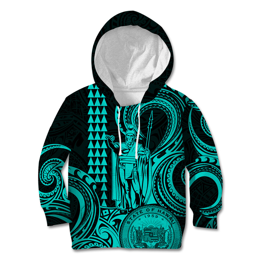 King Kamehameha Day Hawaii Kid Hoodie Paradise of the Pacific Tribal Kakau with Kanaka Maoli - Turquoise LT9 Turquoise - Polynesian Pride
