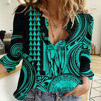 King Kamehameha Day Hawaii Women Casual Shirt Paradise of the Pacific Tribal Kakau with Kanaka Maoli - Turquoise LT9 Female Turquoise - Polynesian Pride
