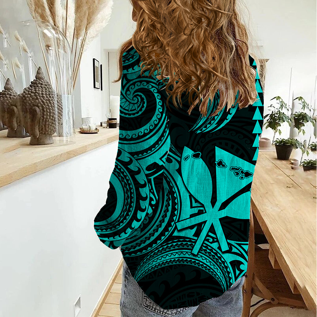 King Kamehameha Day Hawaii Women Casual Shirt Paradise of the Pacific Tribal Kakau with Kanaka Maoli - Turquoise LT9 - Polynesian Pride