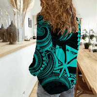 King Kamehameha Day Hawaii Women Casual Shirt Paradise of the Pacific Tribal Kakau with Kanaka Maoli - Turquoise LT9 - Polynesian Pride