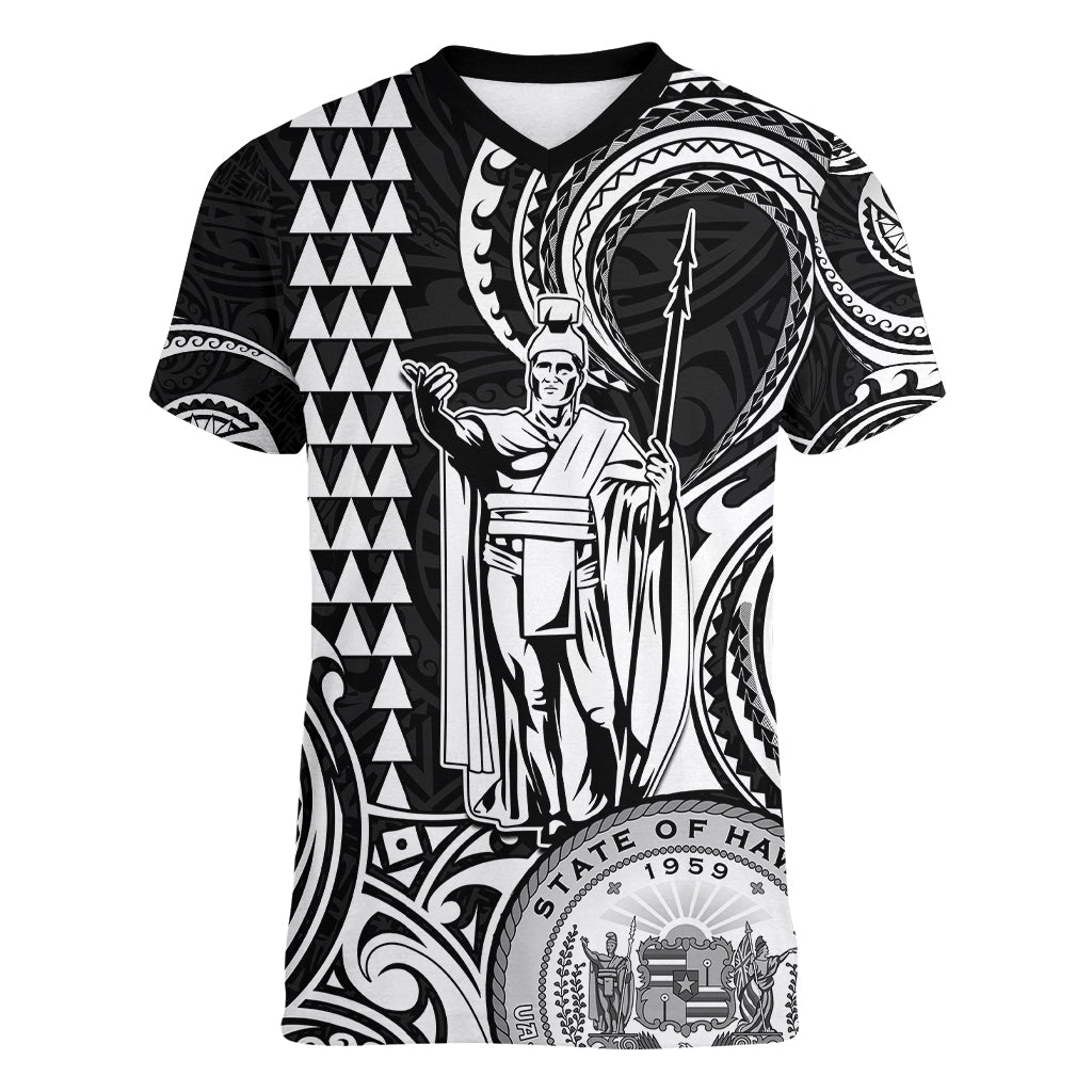 Custom King Kamehameha Day Hawaii Women V Neck T Shirt Paradise of the Pacific Tribal Kakau with Kanaka Maoli - White LT9 Female White - Polynesian Pride