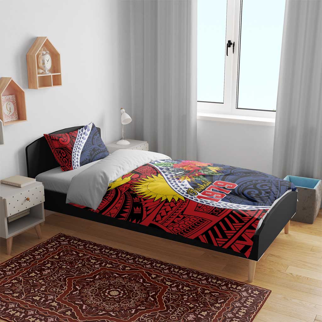 Flag of Kiribati Polynesian Pattern Bedding Set Est 1979 With Tropical Flowers