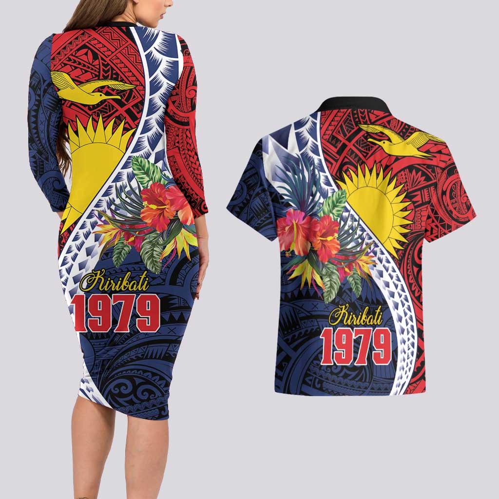 Flag of Kiribati Polynesian Pattern Couples Matching Long Sleeve Bodycon Dress and Hawaiian Shirt Est 1979 With Tropical Flowers LT9 - Polynesian Pride