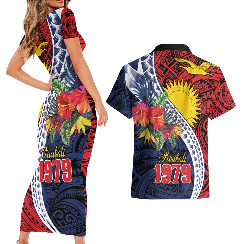 Flag of Kiribati Polynesian Pattern Couples Matching Short Sleeve Bodycon Dress and Hawaiian Shirt Est 1979 With Tropical Flowers LT9 - Polynesian Pride