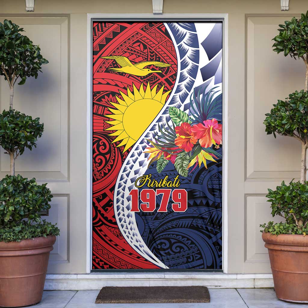 Flag of Kiribati Polynesian Pattern Door Cover Est 1979 With Tropical Flowers LT9 Red - Polynesian Pride