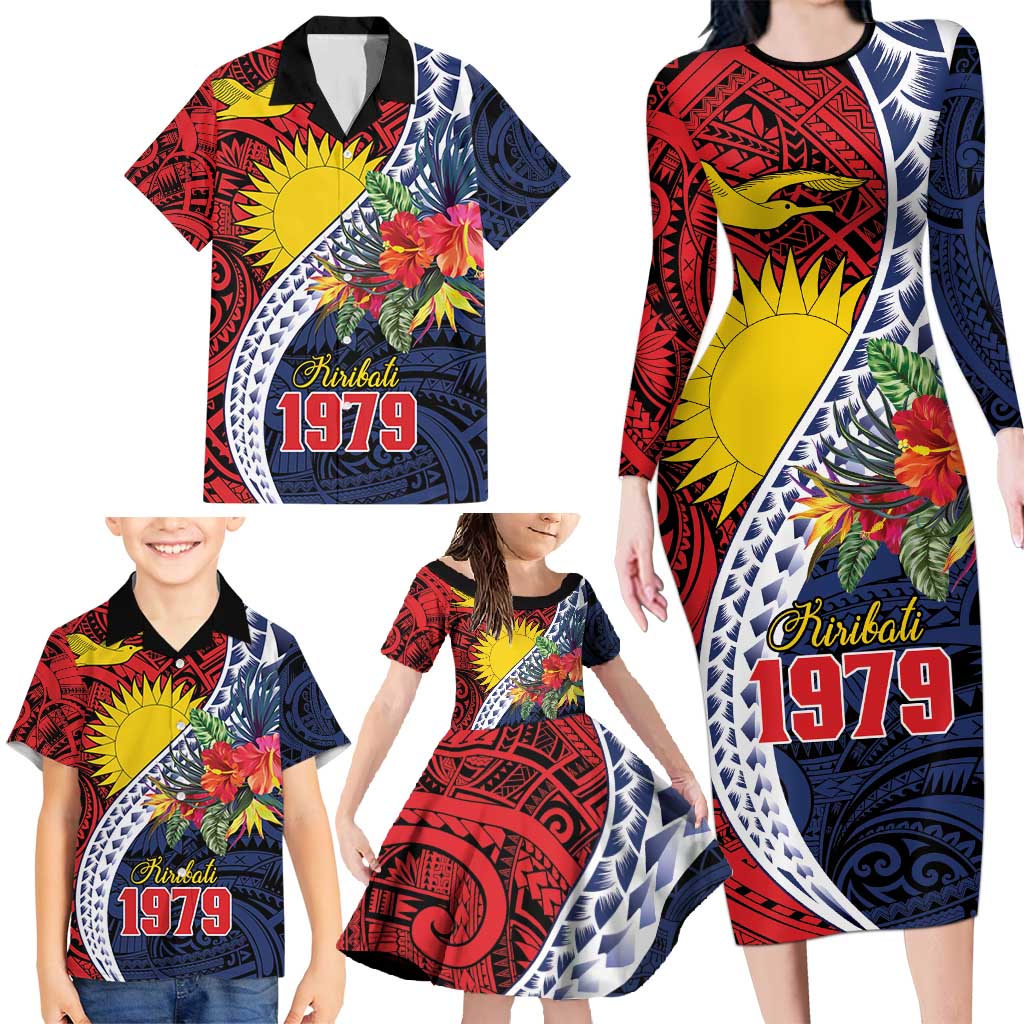 Flag of Kiribati Polynesian Pattern Family Matching Long Sleeve Bodycon Dress and Hawaiian Shirt Est 1979 With Tropical Flowers LT9 - Polynesian Pride