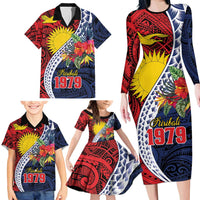 Flag of Kiribati Polynesian Pattern Family Matching Long Sleeve Bodycon Dress and Hawaiian Shirt Est 1979 With Tropical Flowers LT9 - Polynesian Pride