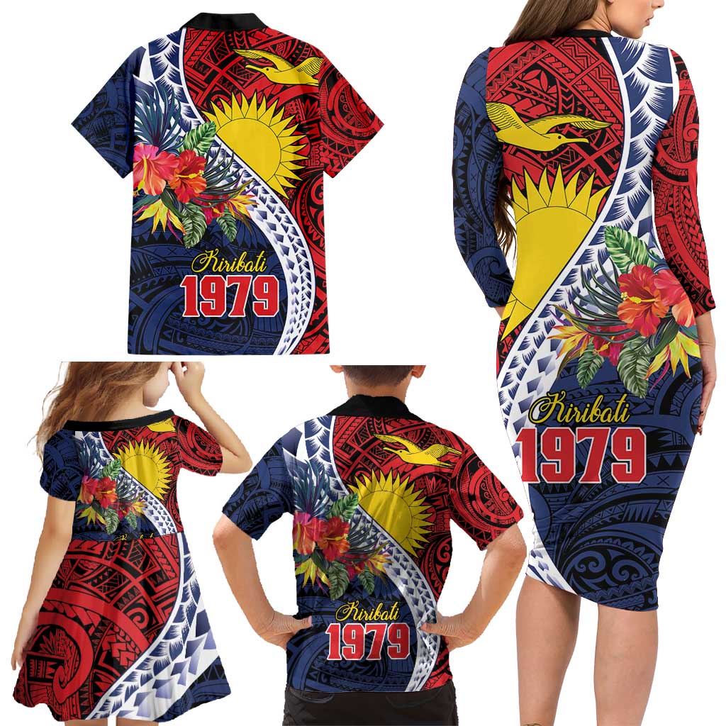 Flag of Kiribati Polynesian Pattern Family Matching Long Sleeve Bodycon Dress and Hawaiian Shirt Est 1979 With Tropical Flowers LT9 - Polynesian Pride