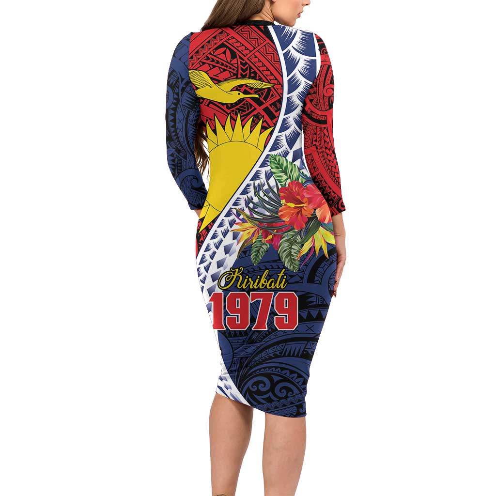 Flag of Kiribati Polynesian Pattern Family Matching Long Sleeve Bodycon Dress and Hawaiian Shirt Est 1979 With Tropical Flowers LT9 - Polynesian Pride