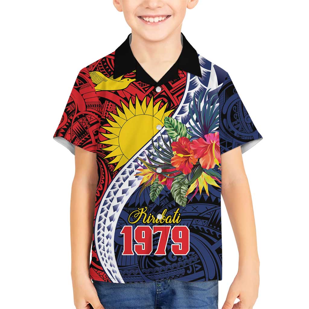 Flag of Kiribati Polynesian Pattern Family Matching Long Sleeve Bodycon Dress and Hawaiian Shirt Est 1979 With Tropical Flowers LT9 Son's Shirt Red - Polynesian Pride