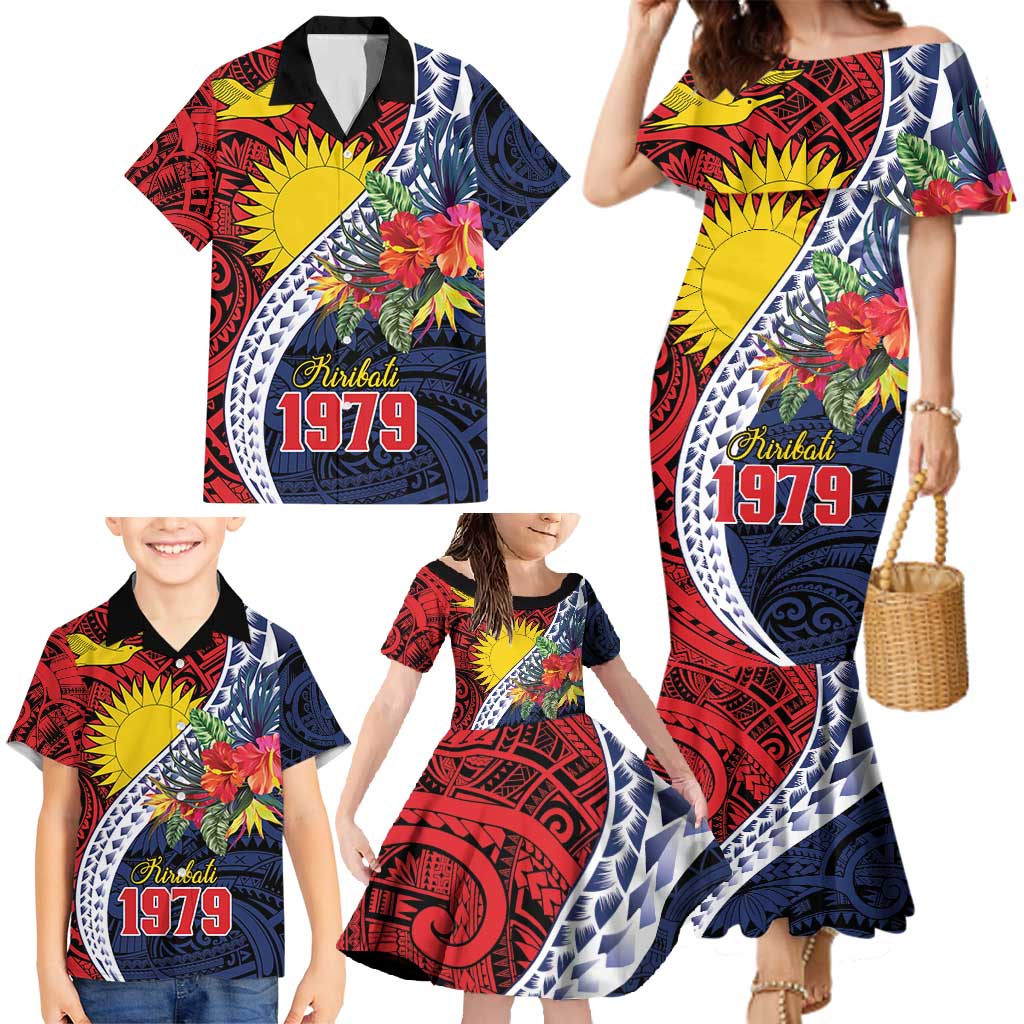 Flag of Kiribati Polynesian Pattern Family Matching Mermaid Dress and Hawaiian Shirt Est 1979 With Tropical Flowers LT9 - Polynesian Pride