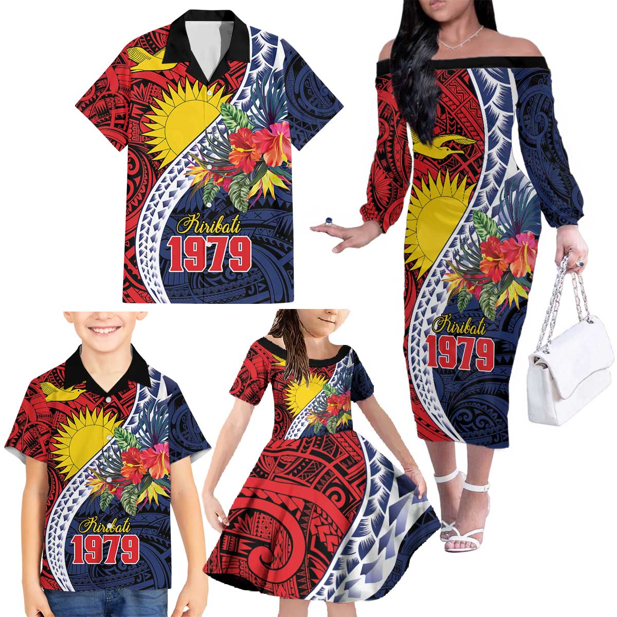 Flag of Kiribati Polynesian Pattern Family Matching Off The Shoulder Long Sleeve Dress and Hawaiian Shirt Est 1979 With Tropical Flowers LT9 - Polynesian Pride
