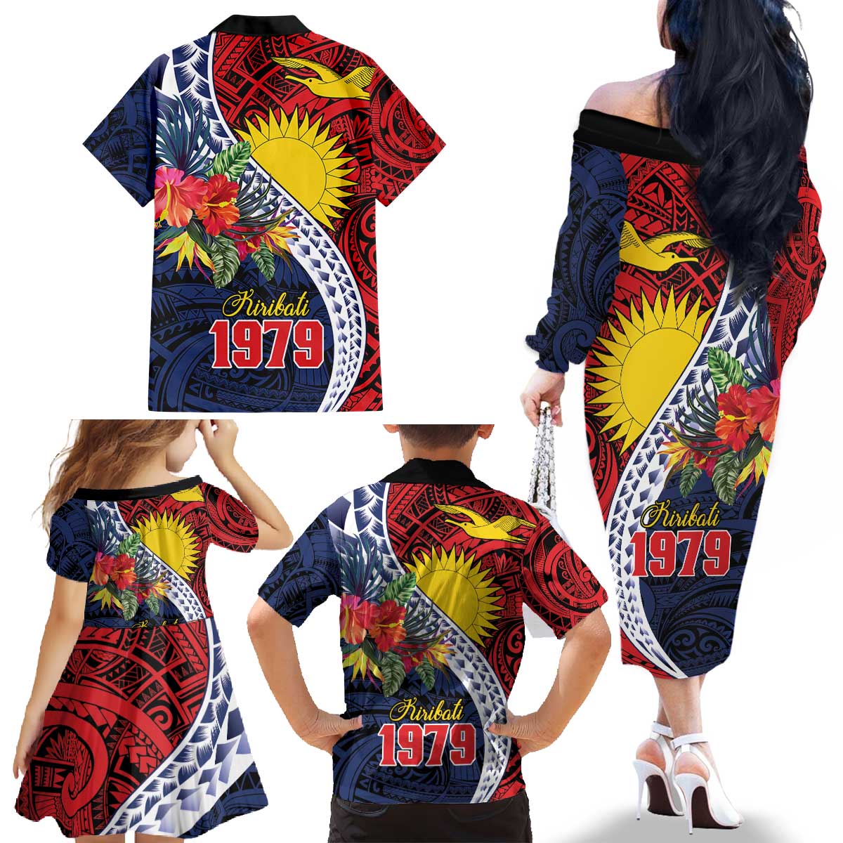 Flag of Kiribati Polynesian Pattern Family Matching Off The Shoulder Long Sleeve Dress and Hawaiian Shirt Est 1979 With Tropical Flowers LT9 - Polynesian Pride