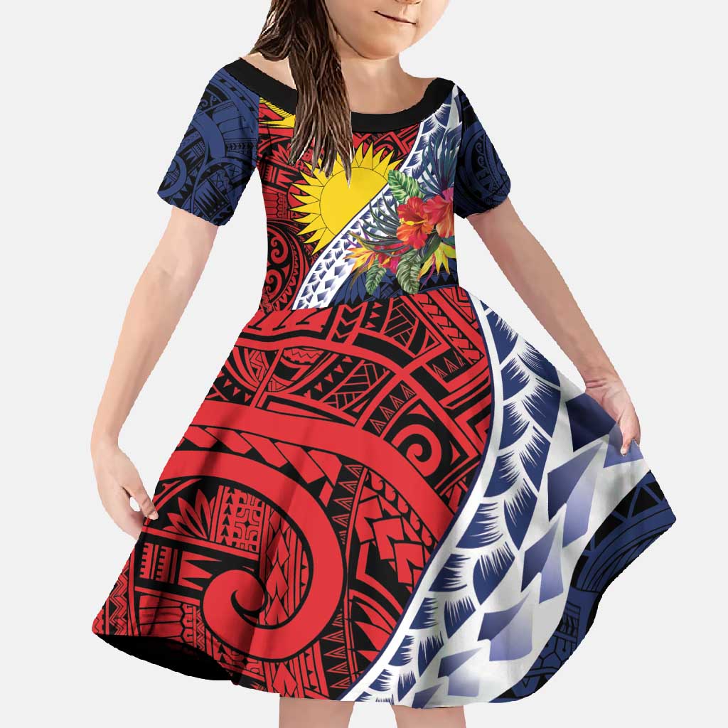 Flag of Kiribati Polynesian Pattern Family Matching Off Shoulder Maxi Dress and Hawaiian Shirt Est 1979 With Tropical Flowers LT9 Daughter's Dress Red - Polynesian Pride