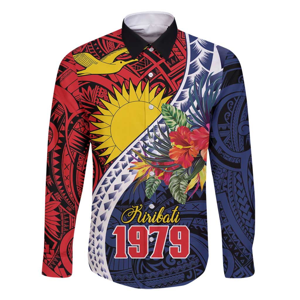 Flag of Kiribati Polynesian Pattern Family Matching Off Shoulder Maxi Dress and Hawaiian Shirt Est 1979 With Tropical Flowers LT9 Dad's Shirt - Long Sleeve Red - Polynesian Pride