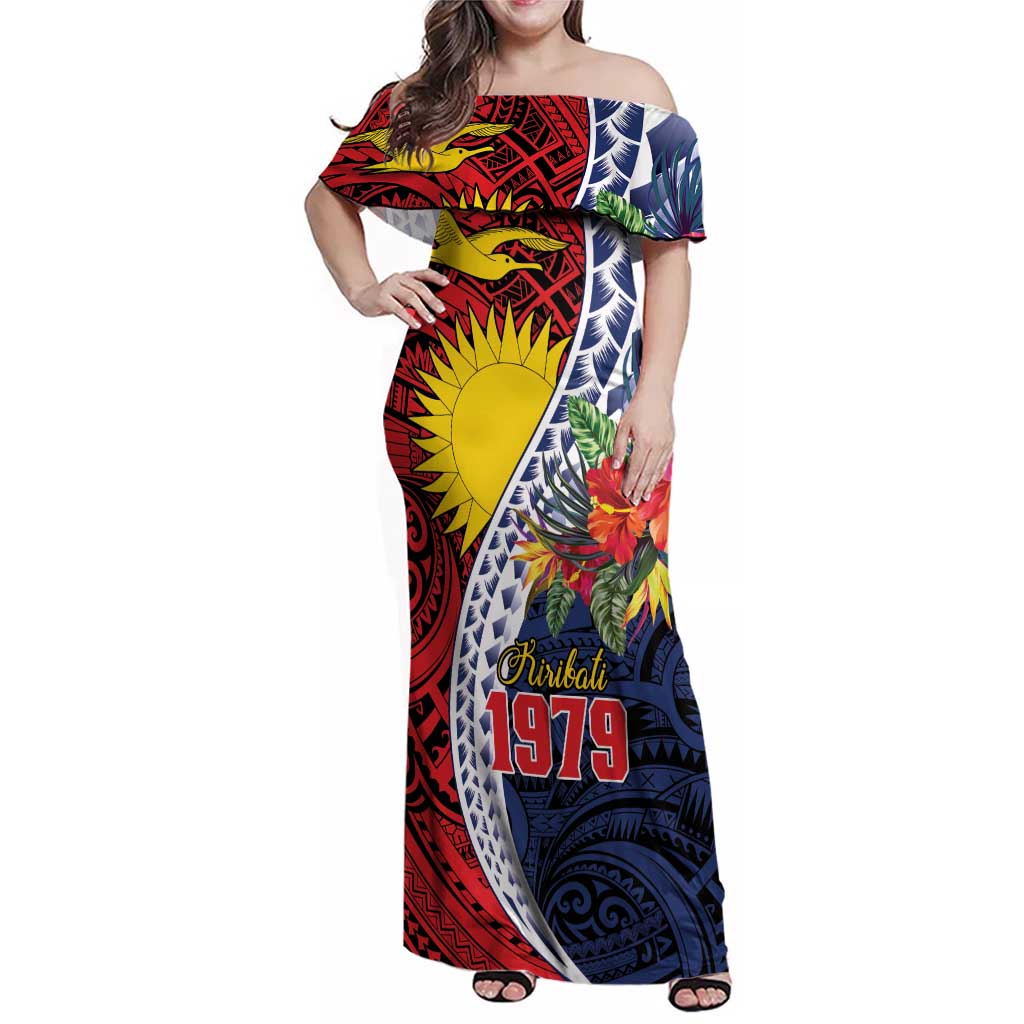 Flag of Kiribati Polynesian Pattern Family Matching Off Shoulder Maxi Dress and Hawaiian Shirt Est 1979 With Tropical Flowers LT9 Mom's Dress Red - Polynesian Pride