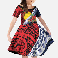 Flag of Kiribati Polynesian Pattern Family Matching Short Sleeve Bodycon Dress and Hawaiian Shirt Est 1979 With Tropical Flowers LT9 Daughter's Dress Red - Polynesian Pride
