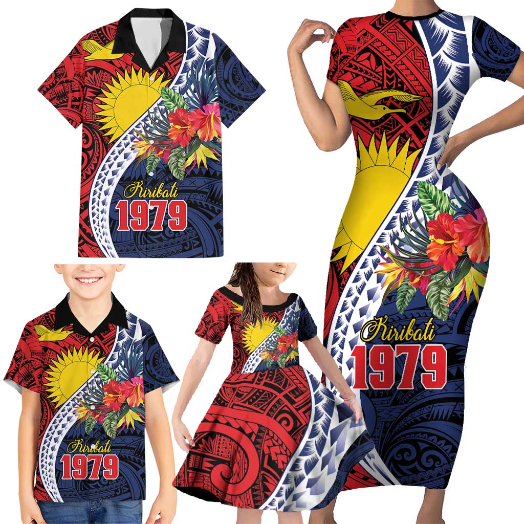 Flag of Kiribati Polynesian Pattern Family Matching Short Sleeve Bodycon Dress and Hawaiian Shirt Est 1979 With Tropical Flowers LT9 - Polynesian Pride