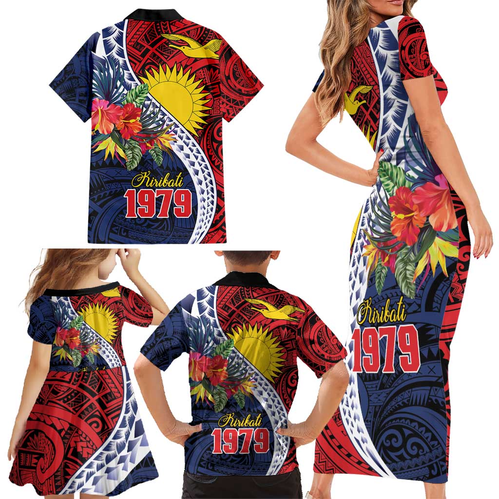 Flag of Kiribati Polynesian Pattern Family Matching Short Sleeve Bodycon Dress and Hawaiian Shirt Est 1979 With Tropical Flowers LT9 - Polynesian Pride