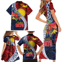 Flag of Kiribati Polynesian Pattern Family Matching Short Sleeve Bodycon Dress and Hawaiian Shirt Est 1979 With Tropical Flowers LT9 - Polynesian Pride