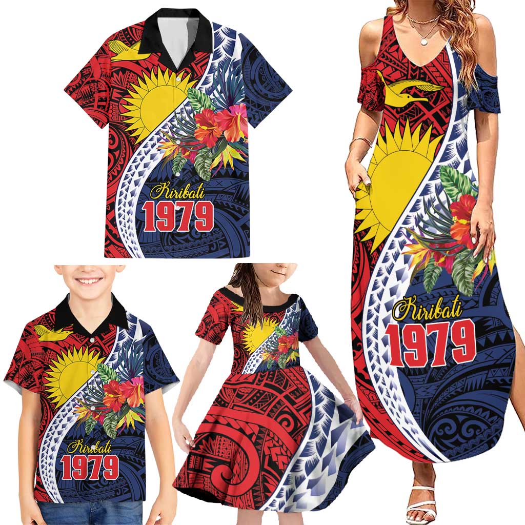 Flag of Kiribati Polynesian Pattern Family Matching Summer Maxi Dress and Hawaiian Shirt Est 1979 With Tropical Flowers LT9 - Polynesian Pride