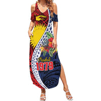 Flag of Kiribati Polynesian Pattern Family Matching Summer Maxi Dress and Hawaiian Shirt Est 1979 With Tropical Flowers LT9 Mom's Dress Red - Polynesian Pride