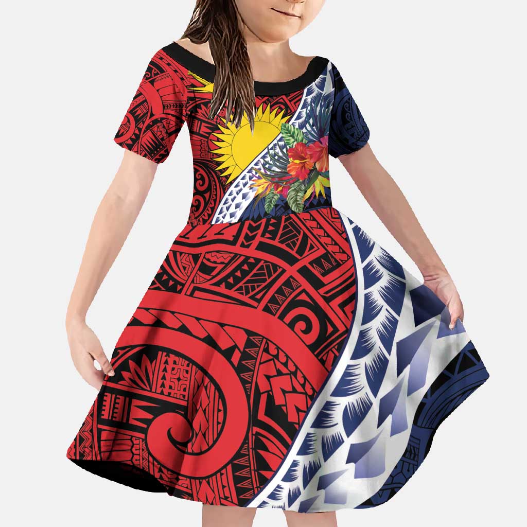 Flag of Kiribati Polynesian Pattern Family Matching Tank Maxi Dress and Hawaiian Shirt Est 1979 With Tropical Flowers LT9 Daughter's Dress Red - Polynesian Pride