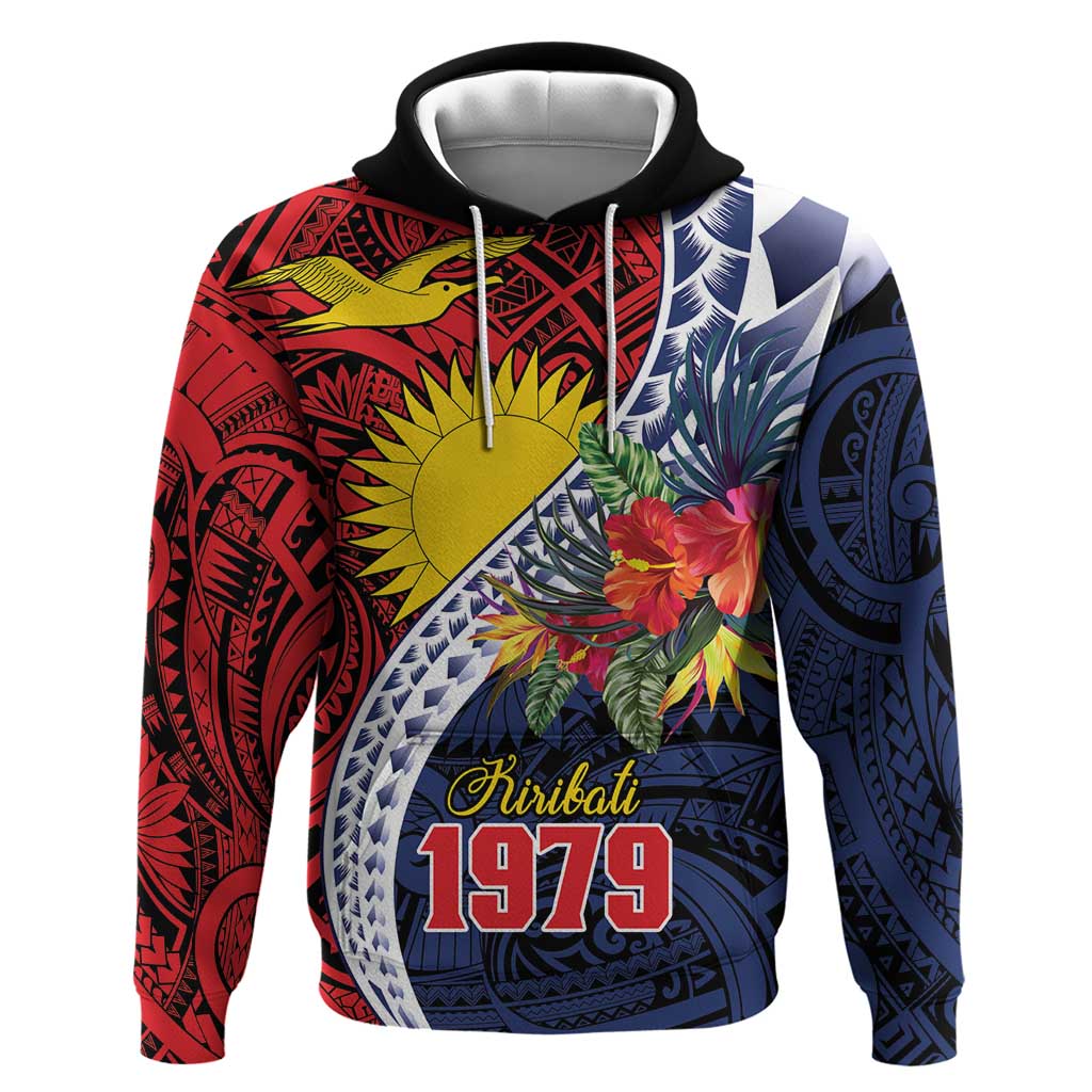 Flag of Kiribati Polynesian Pattern Hoodie Est 1979 With Tropical Flowers
