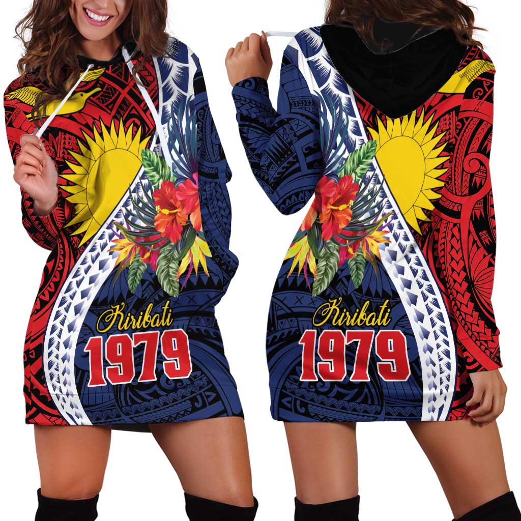 Flag of Kiribati Polynesian Pattern Hoodie Dress Est 1979 With Tropical Flowers
