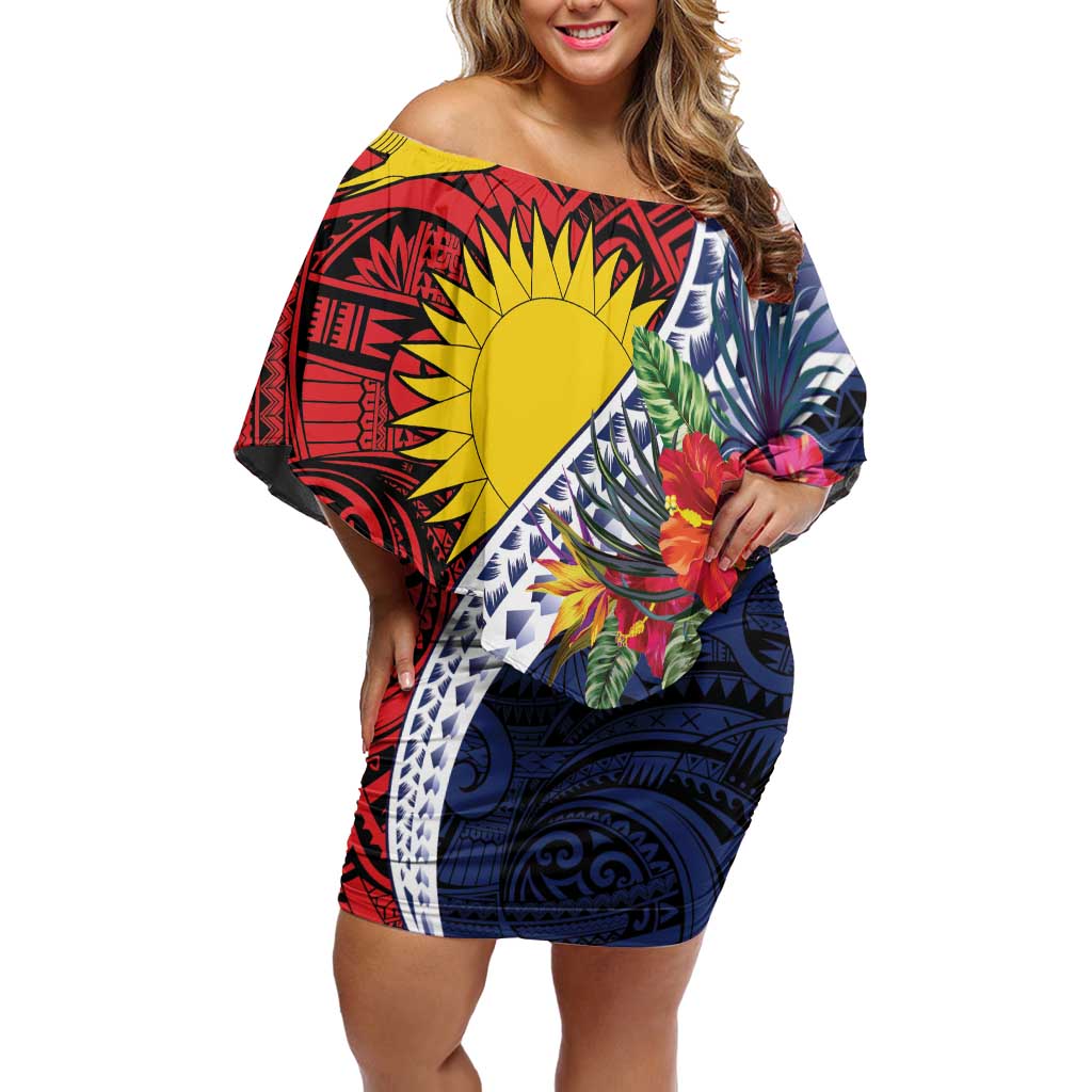 Flag of Kiribati Polynesian Pattern Off Shoulder Short Dress Est 1979 With Tropical Flowers