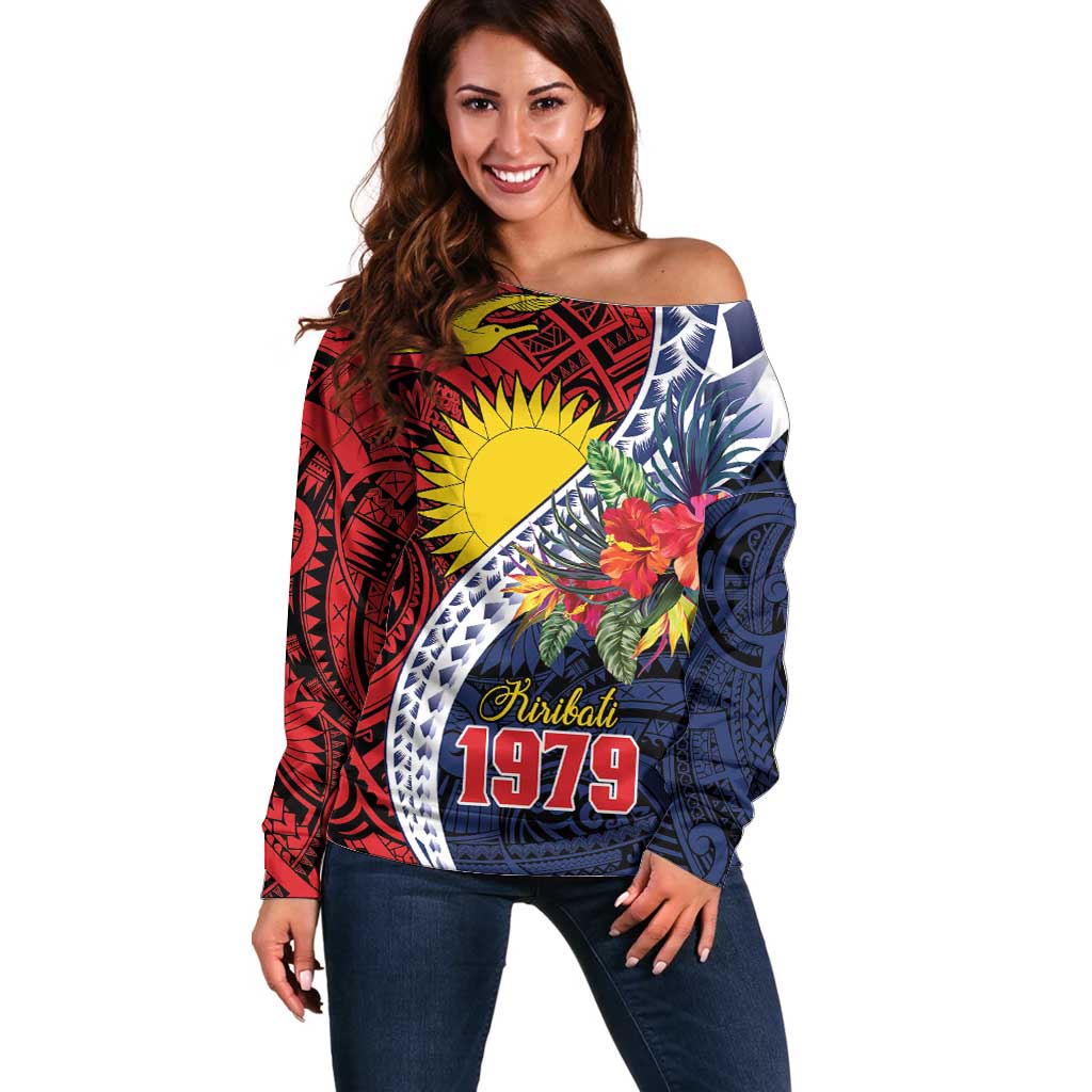 Flag of Kiribati Polynesian Pattern Off Shoulder Sweater Est 1979 With Tropical Flowers LT9 Women Red - Polynesian Pride
