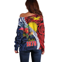 Flag of Kiribati Polynesian Pattern Off Shoulder Sweater Est 1979 With Tropical Flowers LT9 - Polynesian Pride