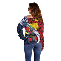 Flag of Kiribati Polynesian Pattern Off Shoulder Sweater Est 1979 With Tropical Flowers LT9 - Polynesian Pride