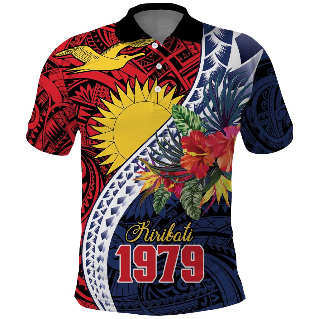 Flag of Kiribati Polynesian Pattern Polo Shirt Est 1979 With Tropical Flowers
