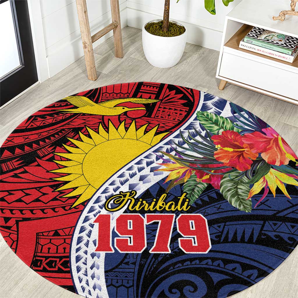 Flag of Kiribati Polynesian Pattern Round Carpet Est 1979 With Tropical Flowers LT9 Red - Polynesian Pride