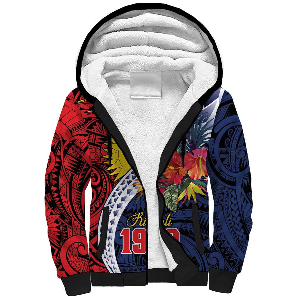 Flag of Kiribati Polynesian Pattern Sherpa Hoodie Est 1979 With Tropical Flowers LT9 Unisex Red - Polynesian Pride