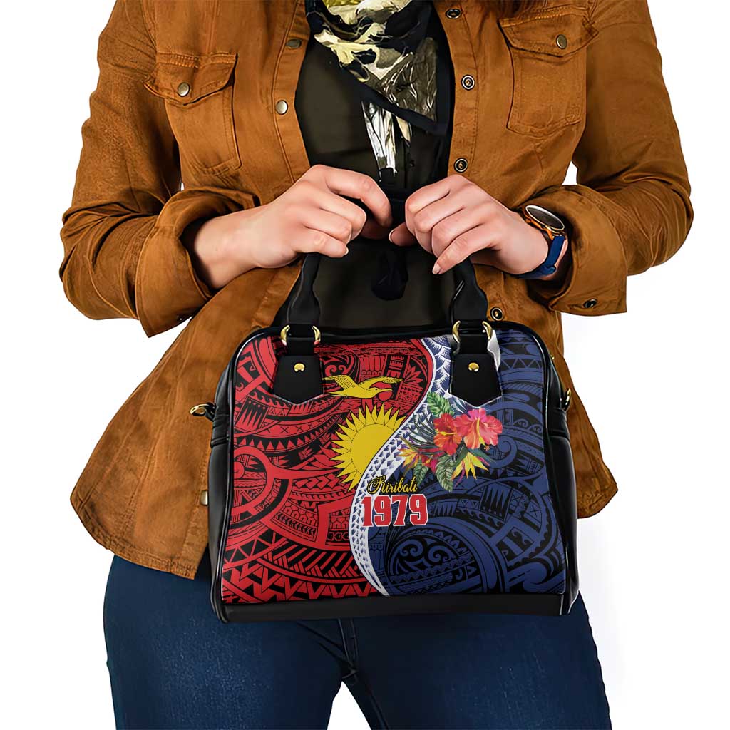 Flag of Kiribati Polynesian Pattern Shoulder Handbag Est 1979 With Tropical Flowers