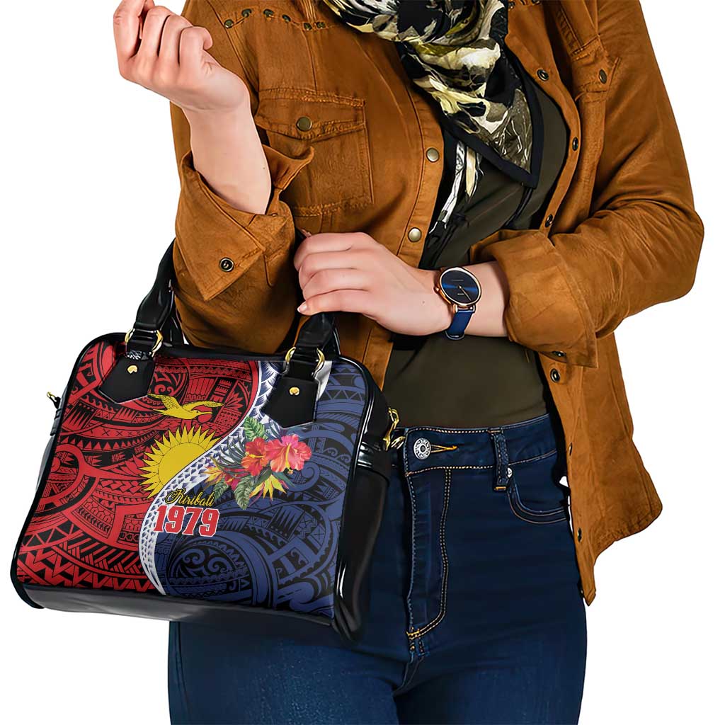 Flag of Kiribati Polynesian Pattern Shoulder Handbag Est 1979 With Tropical Flowers