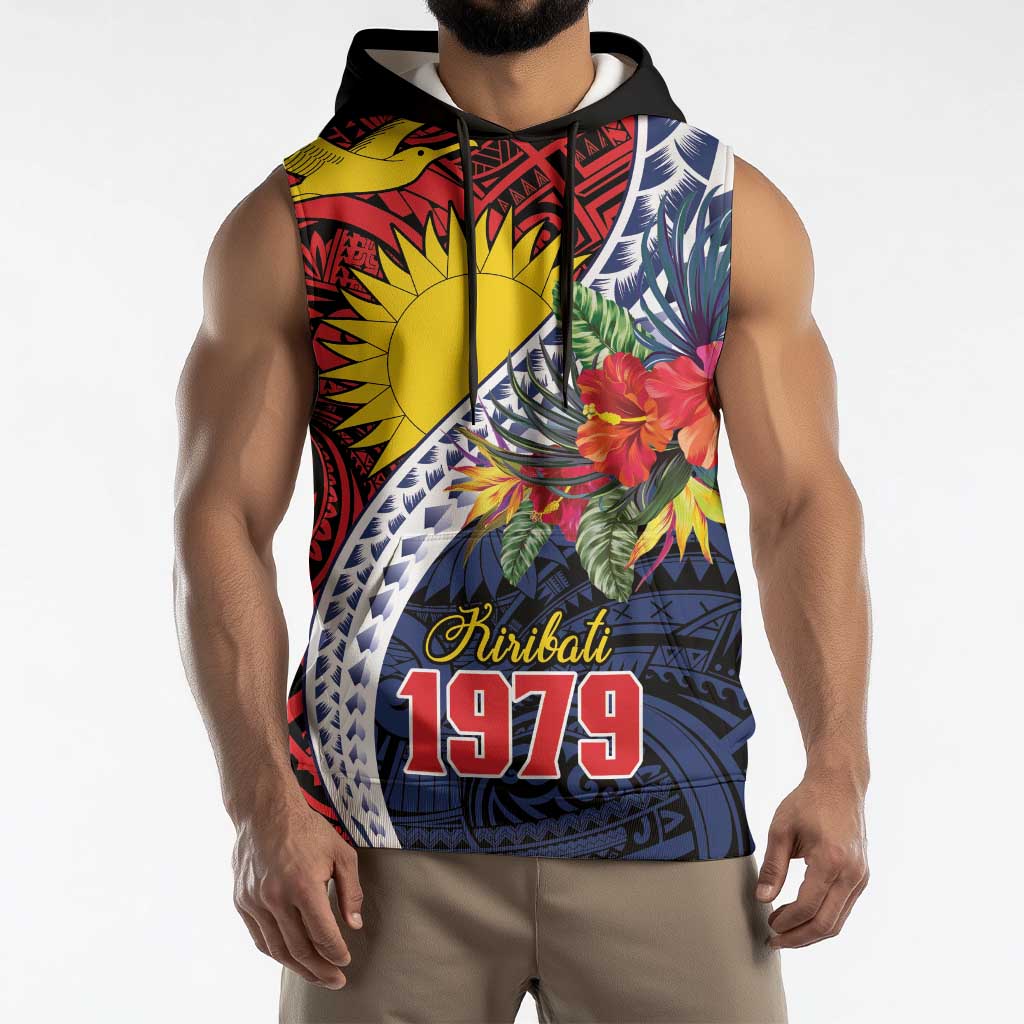 Flag of Kiribati Polynesian Pattern Sleeveless Hoodie Est 1979 With Tropical Flowers - Polynesian Pride