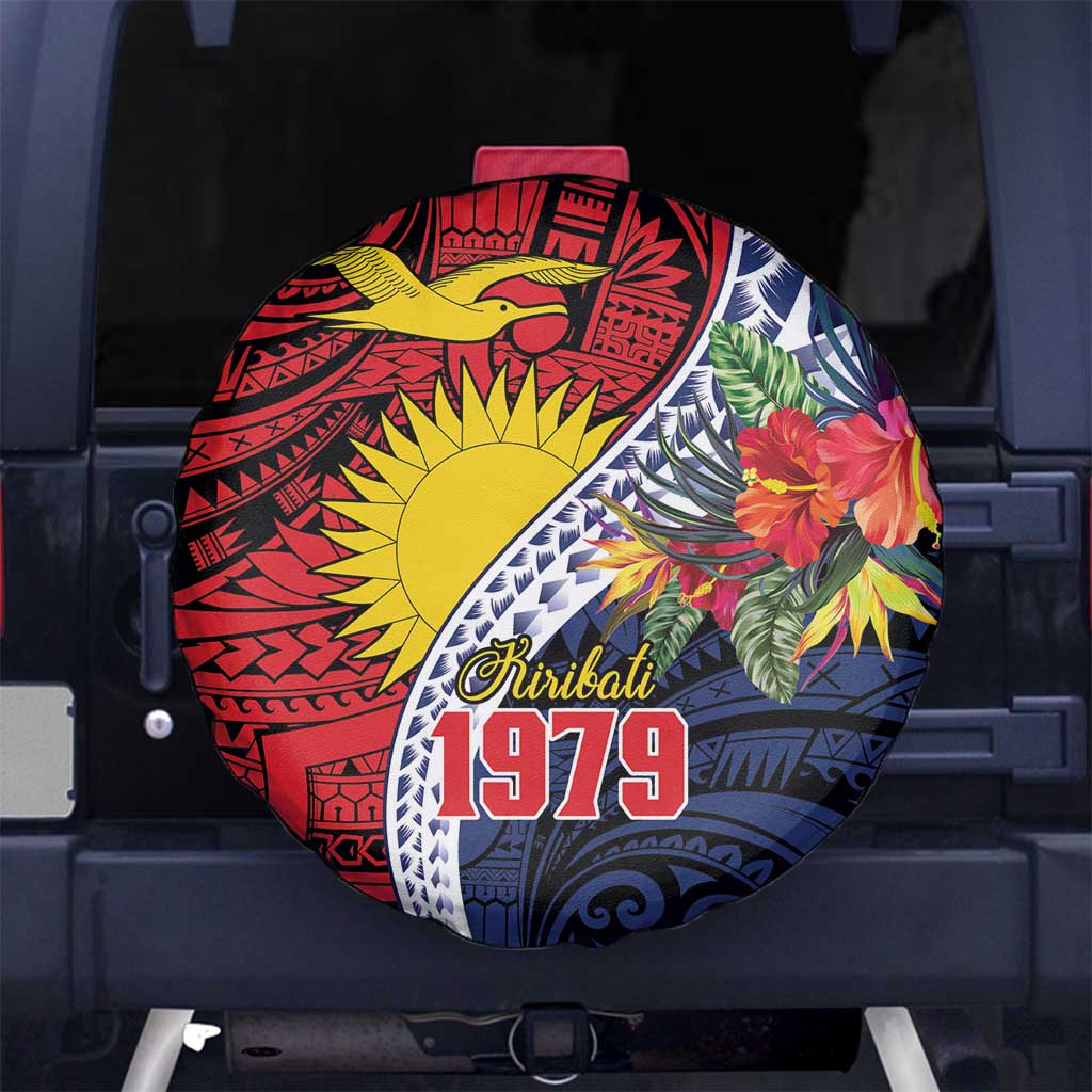 Flag of Kiribati Polynesian Pattern Spare Tire Cover Est 1979 With Tropical Flowers LT9 No hole Red - Polynesian Pride