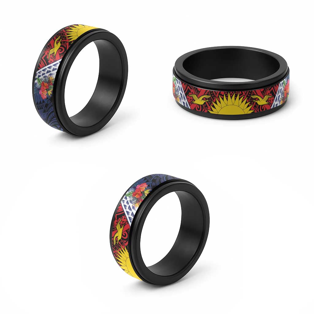 Flag of Kiribati Polynesian Pattern Spinner Ring Est 1979 With Tropical Flowers - Polynesian Pride