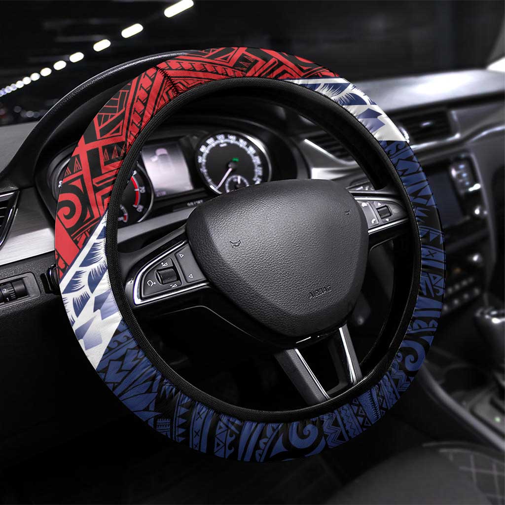 Flag of Kiribati Polynesian Pattern Steering Wheel Cover Est 1979 With Tropical Flowers LT9 Universal Fit Red - Polynesian Pride
