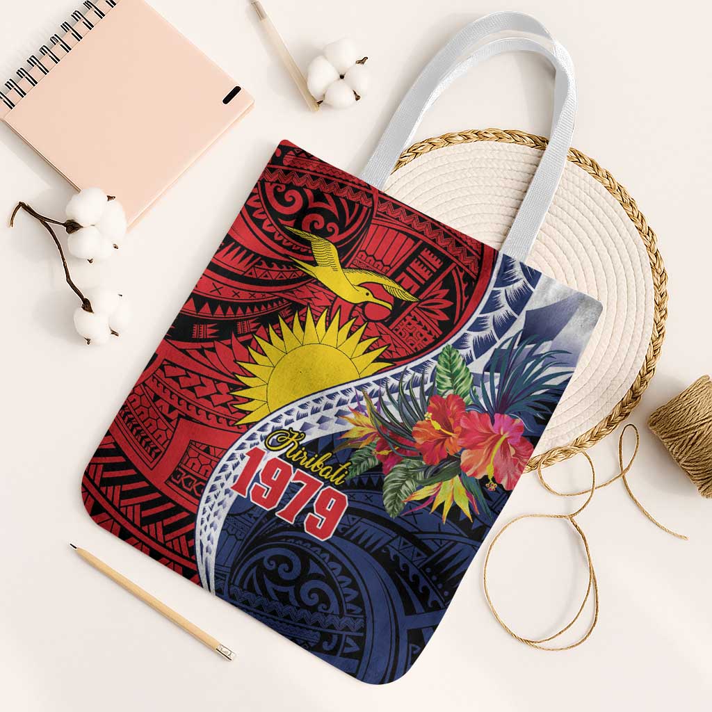 Flag of Kiribati Polynesian Pattern Tote Bag Est 1979 With Tropical Flowers LT9 White Strap One Size Red - Polynesian Pride