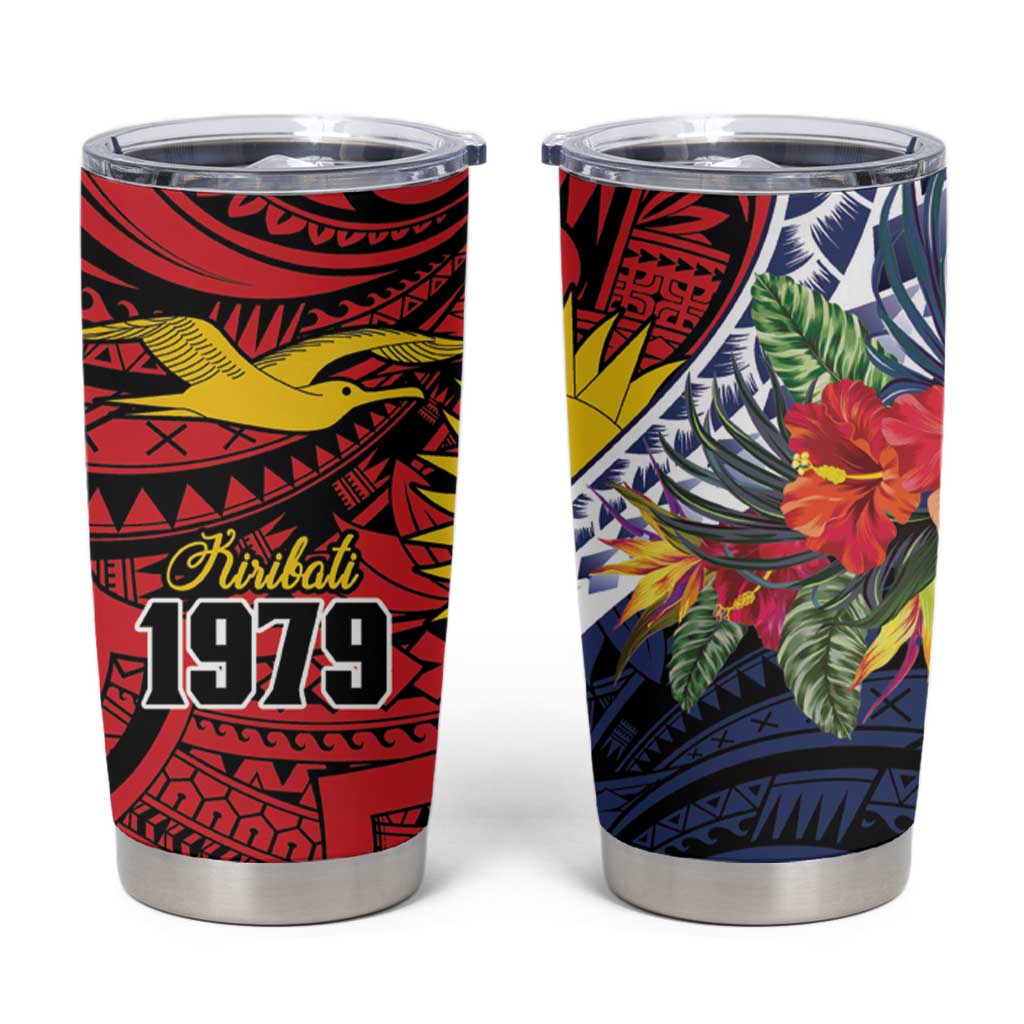 Flag of Kiribati Polynesian Pattern Tumbler Cup Est 1979 With Tropical Flowers LT9 Red - Polynesian Pride